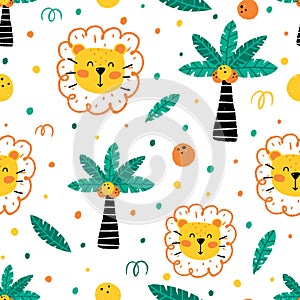 Cute childish seamless pattern with lion  palm  coconut  leaves and dots isolated on white background. Hand drawn Scandinavian