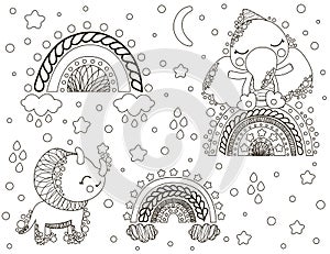 Cute childish set of cute black and white cartoon toddlers dinosaurs pterosaur, triceratops, abstract stylized rainbows, clouds, r