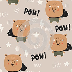 Cute childish simple pattern with bear superhero. Kids pattern with superhero.