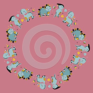 Cute childish summer round frame for text of smiling dinosaurs brontosaurus with butterflies, parasaurolophus, stegosaurus, monste