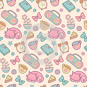 Cute childish vector seamless pattern with alarm clock, heart, star, cat, cup etc. Vintage set of sweet home elements.