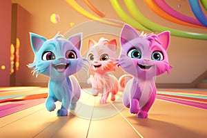 cute and childlike 3D animation of three cats