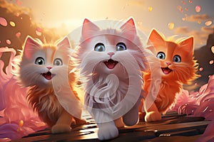 cute and childlike 3D animation of three cats