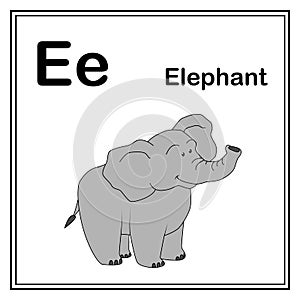 Cute children ABC animal alphabet E letter flashcard of Elephant for kids learning English vocabulary.