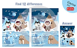 Cute children and animals of North. Find 12 differences. Game for children. Hand drawn full color illustration. Vector