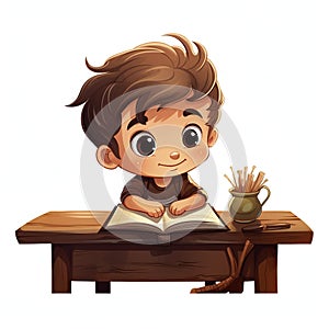 Cute children baby boy smiling and reading book on the table white background. Education learning at home concept. illustration