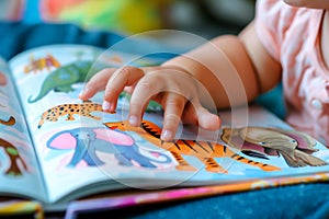 Cute children baby reading book . Education learning concept. AI generative