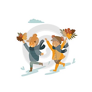 Cute children, boy and girl running with autumn fall leaves in the park isolated vector illustration
