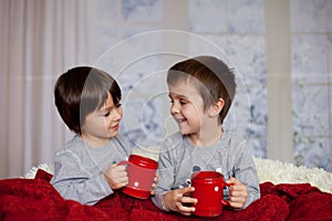 Cute children, boys, sitting in a big chair in pajamas, drinking