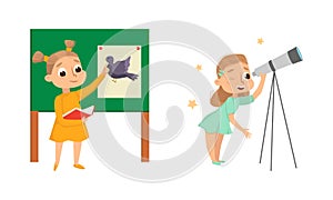 Cute Children in Class Studying School Subject Learning Astronomy and Biology Vector Set