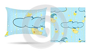 Cute children Decorative pillow with patterned pillowcase in cartoon style blue background. Isolated on white. Interior design ele