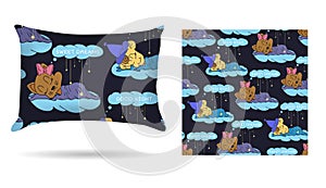 Cute children Decorative pillow with patterned pillowcase in cartoon style children are sleeping on the clouds. Isolated on white. photo