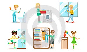 Cute Children Doing Housework Set, Boys and Girls Cleaning Windows, Folding Clothes, Loading Laundry to Washing Machine
