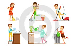 Cute Children Doing Housework Set, Boys and Girls Mopping, Sweeping and Vacuuming Floor, Washing Dish, Watering Plants