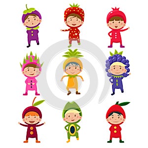 Cute Children in Fruit and Berry Costumes Vector