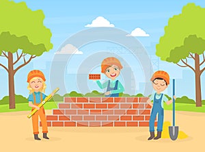 Cute Children in Helmets Building Brick Wall, Smiling Little Builders Making Professional Job on Summer Landscape Vector