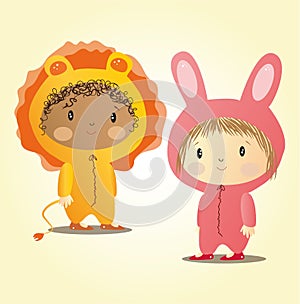 cute children in lion and rabbit costumes