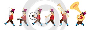 Cute children playing musical instruments in the marching band parade. Flat style cartoon illustration vector photo