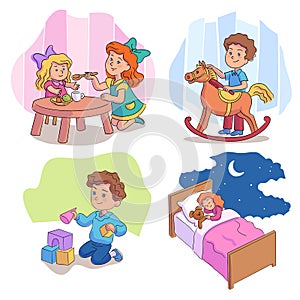Cute children playing with toys cartoon scene set