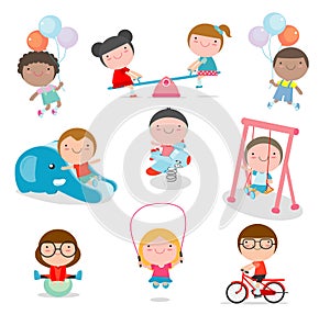 Cute children playing with toys in playground, kids in the park on white background, Vector Illustration
