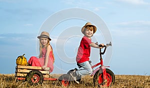 Cute children riding on tricycle on farm. Children farmer concept. Children enjoy in farm. Little farmer in village