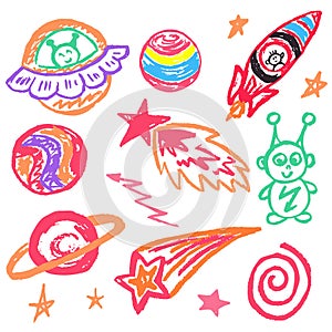 Cute children`s drawing. Colored wax crayons. Icons, signs, symbols, pins