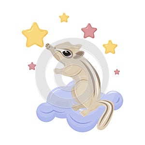 Cute children s illustration, a chipmunk sitting on a cloud, reaching for a star in the sky. Cute fairy-tale animal