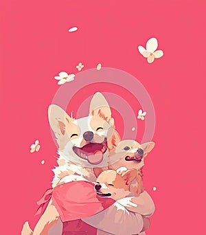 Cute children\'s illustration of a dog in an apron hugging her puppies