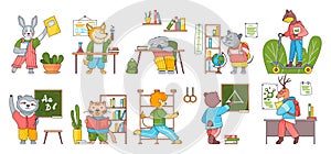 Cute children s illustrations with cartoon animals in college, funny characters studying at lessons