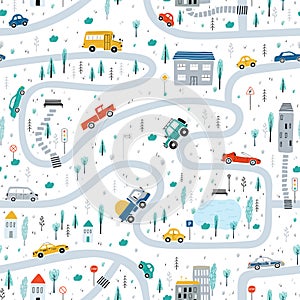 Cute children`s seamless pattern with cars, road, Park, houses on a white background. Illustration of a town in a