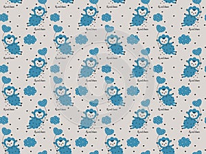 Cute children`s seamless pattern of little blue cartoon lambs flying with heart-shaped balloons, calligraphic inscriptions `Fly an