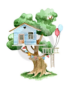 Cute children`s treehouse. watercolor illustration in cartoon style clipart treehouse.