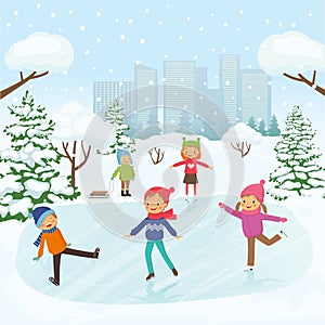 Cute children are skating in the park