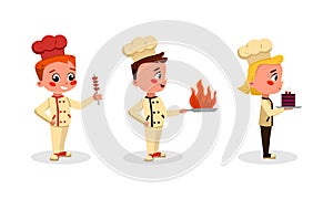 Cute children in uniform with kitchen tools set. Boy and girl chefs characters cooking tasty dishes cartoon vector