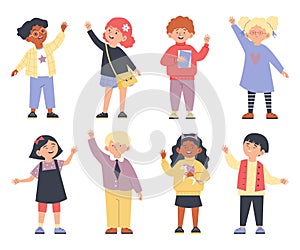 Cute children waving hand cartoon characters flat vector illustration isolated.
