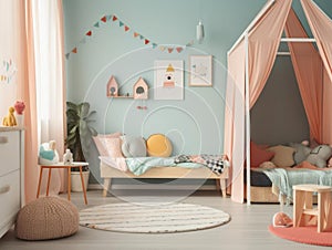 Cute childrens bedroom with colorful decor  created with Generative AI