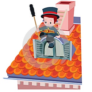 Cute chimney sweep sitting on red tile roof, cartoon illustration, isolated object on white background, vector
