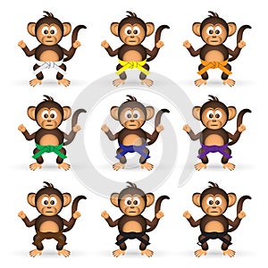 Cute chimpanzee set with karate training color belts little monkey eps10