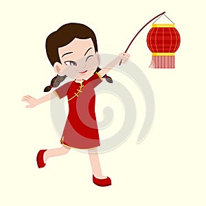 Cute Chinese girl in traditional clothe holding red lantern