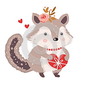 Cute chipmunk animal isolated character with gift and flower