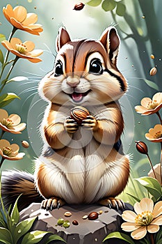 A cute chipmunk with expressive face, holding a nut in a forest, with beautiful flower arounds, cartoon, watercolor painting