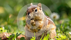 A cute chipmunk sits in the grass and eats a nut