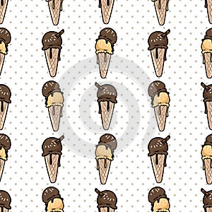 Cute chocolate and caramel ice cream cartoon seamless vector pattern. Hand drawn melting summer treat. Cold gelato