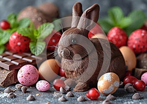 Cute chocolate easter bunny on colorful easter eggs background on spring holiday ocasion.Macro.AI Generative.Macro.AI Generative