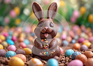 Cute chocolate easter bunny on colorful easter eggs background on spring holiday ocasion.Macro.AI Generative.Macro.AI Generative