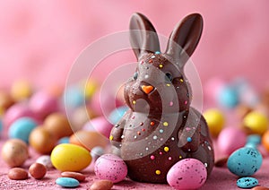 Cute chocolate easter bunny on colorful easter eggs background on spring holiday ocasion.Macro.AI Generative.Macro.AI Generative