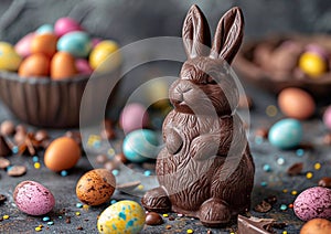 Cute chocolate easter bunny on colorful easter eggs background on spring holiday ocasion.Macro.AI Generative.Macro.AI Generative