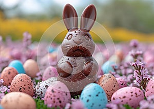 Cute chocolate easter bunny on colorful easter eggs background on spring holiday ocasion.Macro.AI Generative.Macro.AI Generative