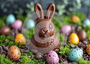 Cute chocolate easter bunny on colorful easter eggs background on spring holiday ocasion.Macro.AI Generative.Macro.AI Generative