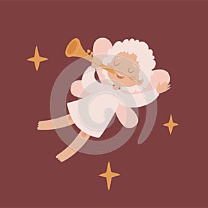 Cute Christmas angel playing on a musical instrument and flying. Vector cartoon illustration